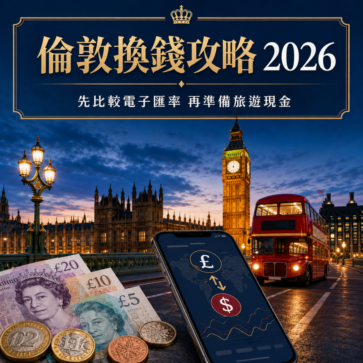 倫敦換錢攻略2026，英鎊現鈔、手機電子換匯、倫敦大笨鐘及紅色巴士